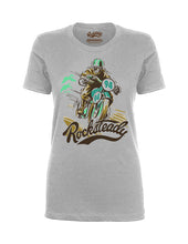 Steady Rocksteady Solo Racer Ladies T-Shirt Steady Canada grey womens tee shirt with cafe racer motorcycle motorbike in green graphic with Rocksteady logo retro vintage pinup rockabilly ladies top Canadian Pin-Up Shop Suzie's Bombshell Boutique Port Dover