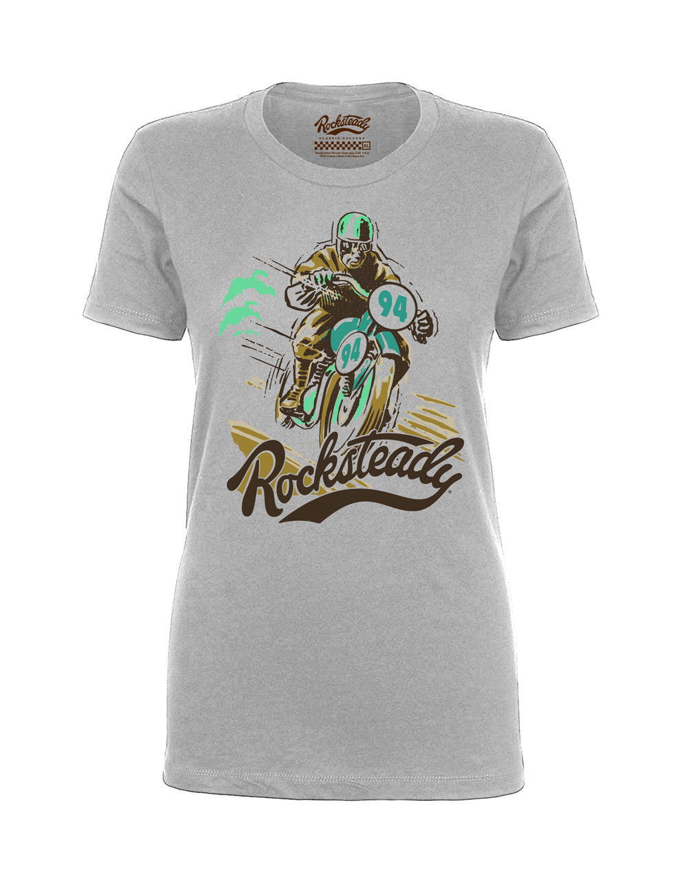Steady Rocksteady Solo Racer Ladies T-Shirt Steady Canada grey womens tee shirt with cafe racer motorcycle motorbike in green graphic with Rocksteady logo retro vintage pinup rockabilly ladies top Canadian Pin-Up Shop Suzie's Bombshell Boutique Port Dover