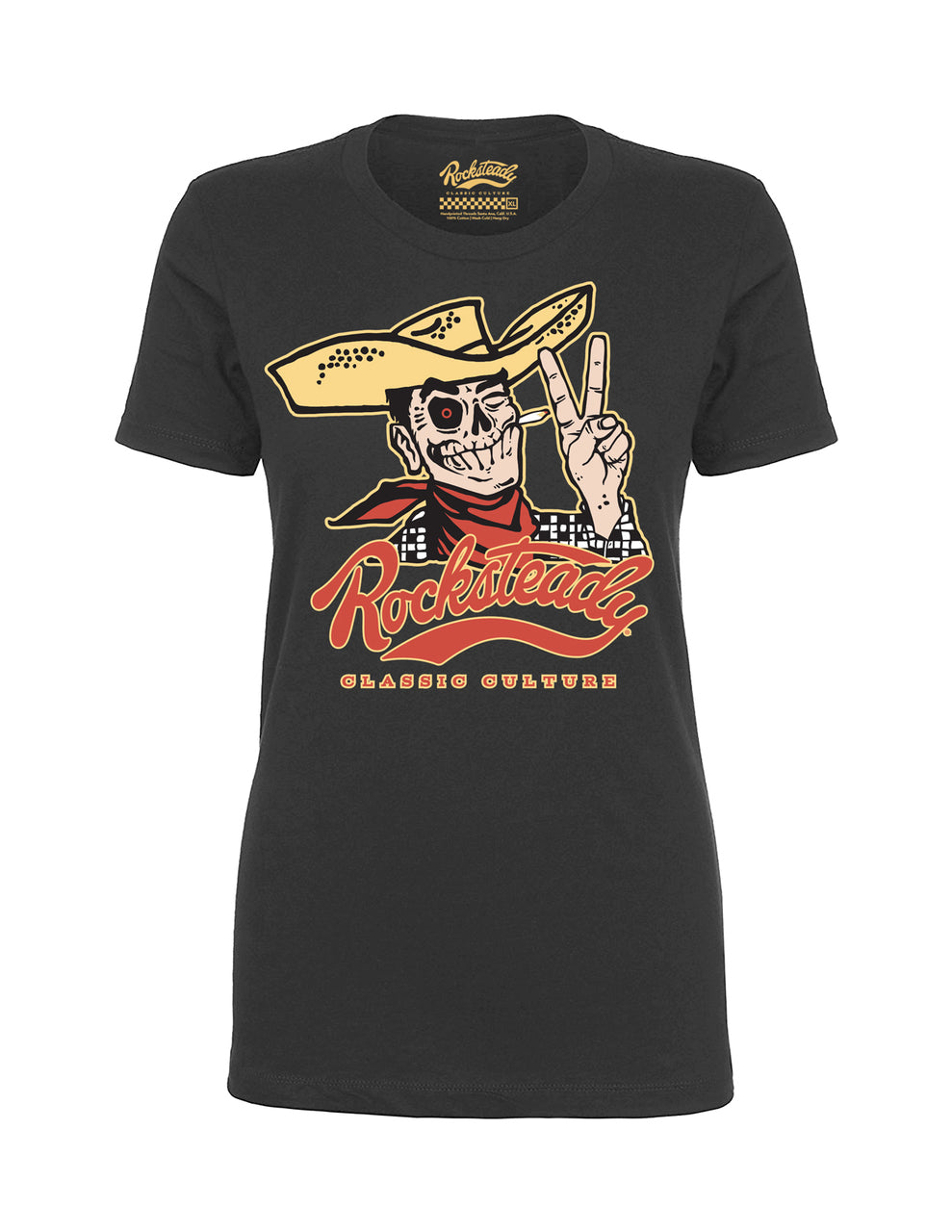 Steady Rocksteady Howdy Ladies T-Shirt Steady Canada grey ladies tee with cowboy guy wearing cowboy hat and smoking a joint holding up peace sign with Rocksteady logo yellow grey and red graphic retro vintage pinup rockabilly rock and roll western altfashion ladies top Canadian Pin-Up Shop Suzie's Bombshell Boutique Port Dover