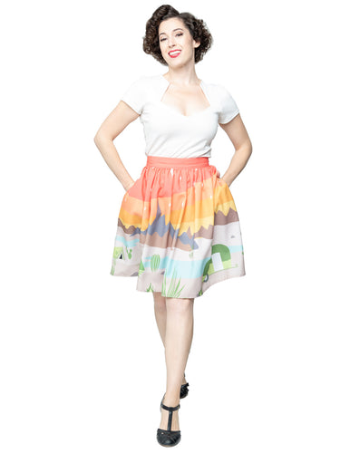 Steady Trail Blazing Gathered Skirt Steady Canada swing skirt with retro camper and desert print in orange tan and green with pockets retro vintage pinup rockabilly 50s skirt Canadian Pin-Up Shop Suzie's Bombshell Boutique Port Dover
