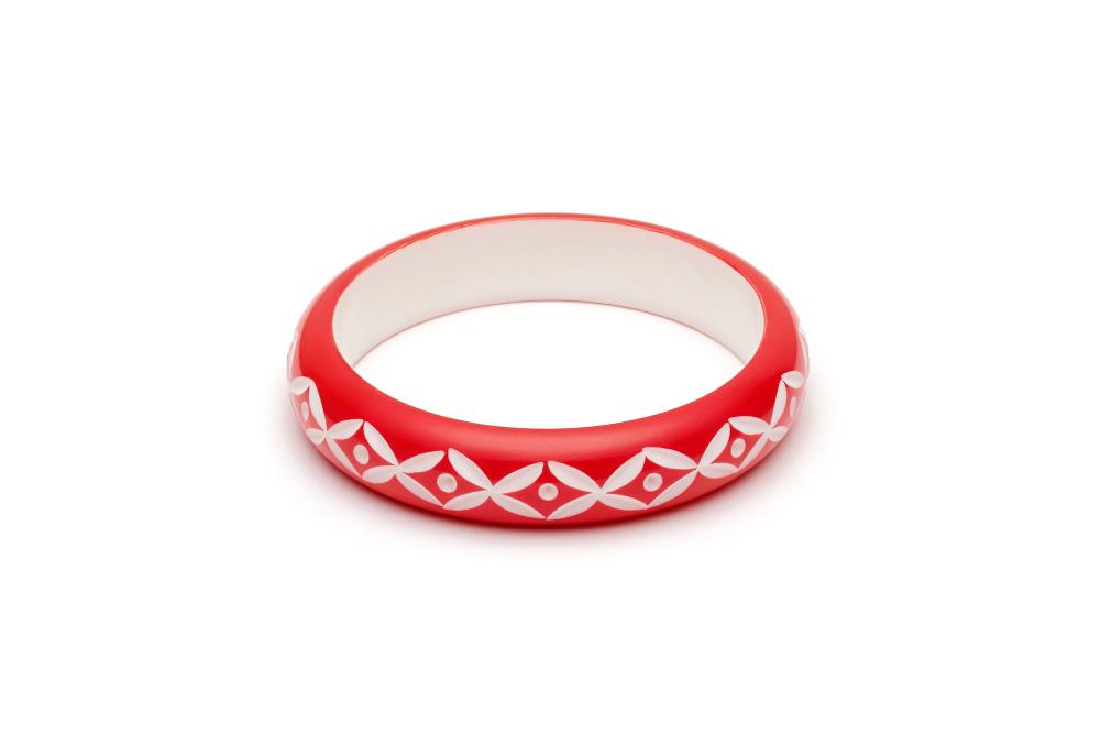 Splendette Midi Lover Carved Bangle Splendette Canada red and white carved bracelet retro vintage pinup tiki 40s 50s rockabilly jewellery Canadian Pin-Up Shop Suzie's Bombshell Boutique Port Dover