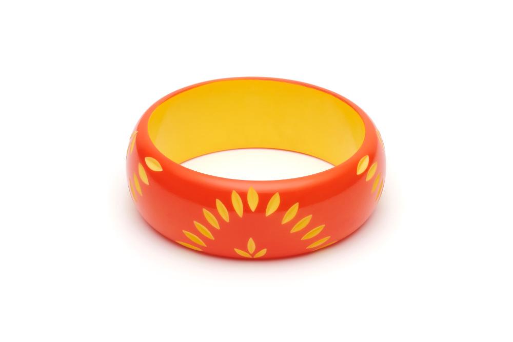 Splendette Wide Sunset Carved Bangle size Duchess Splendette Canada orange and yellow carved tiki bracelet retro vintage pinup 40s 50s jewellery Canadian Pin-up Shop Suzie's Bombshell Boutique Port Dover