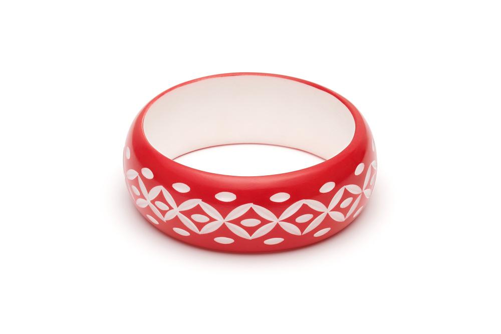 Splendette Wide Lover Carved Bangle size Duchess Splendette Canada red and white carved bracelet retro vintage pinup tiki 40s 50s rockabilly jewellery Canadian Pin-Up Shop Suzie's Bombshell Boutique Port Dover