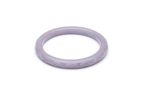 Splendette Narrow Lilac Fakelite Bangle size Maiden Splendette Canada small narrow purple lavender mauve carved tiki bracelet retro vintage pinup rockabilly 40s 50s bakelite jewellery Canadian Pin-Up shop Suzie's Bombshell Boutique Port Dover