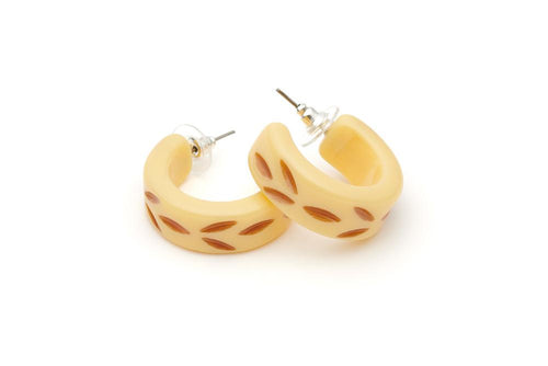 Splendette Carved Hoop Earrings Lait Splendette Canada cream and brown tan carved tiki earrings retro vintage pinup 40s 50s western jewellery Canadian Pin-Up Shop Suzie's Bombshell Boutique 