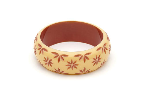 Splendette Wide Carved Bangle Duchess Lait Splendette Canada cream and brown carved tiki bracelet retro vintage 40s 50s pinup jewellery Canadian Pin-Up Shop Suzie's Bombshell Boutique