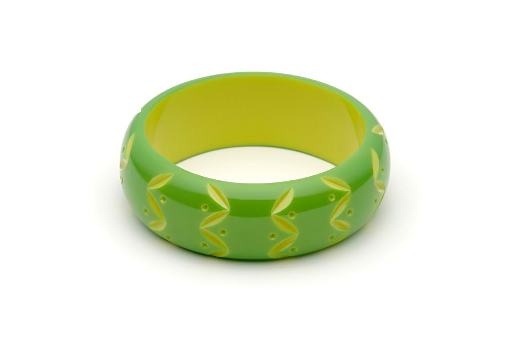 Splendette Wide Carved Bangle Duchess Lime green Splendette Canada carved tiki bracelet retro vintage pinup 40s 50s jewellery Canadian Pin-Up Shop Suzie's Bombshell Boutique