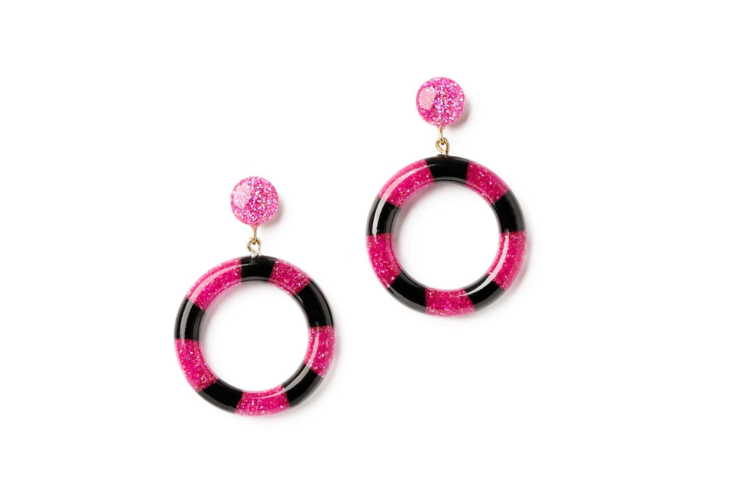 Splendette Pink & Black Candy Stripe Hoops retro vintage 50s pinup pin-up jewellery for Suzie's Bombshell Boutique