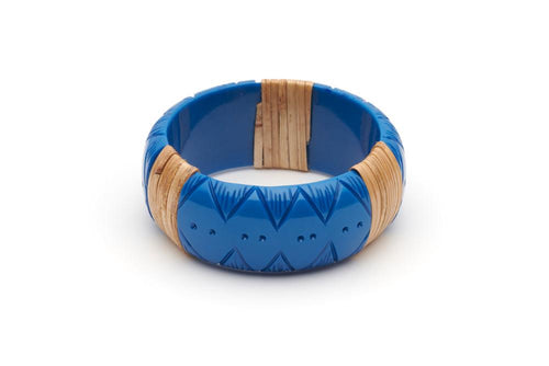 Splendette Pacific Cane Light Cane Bangle Wide blue carved tiki bracelet retro vintage pinup 50s style jewellery Canadian Pin-Up Shop Suzie's Bombshell Boutique