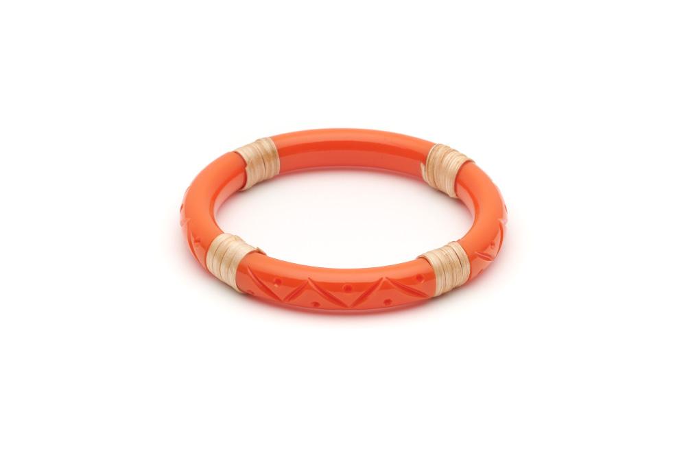 Splendette Tangerine Cane Light Cane Bangle Narrow orange carved tiki bracelet retro vintage pinup 50s style jewellery Canadian Pin-Up Shop Suzie's Bombshell Boutique