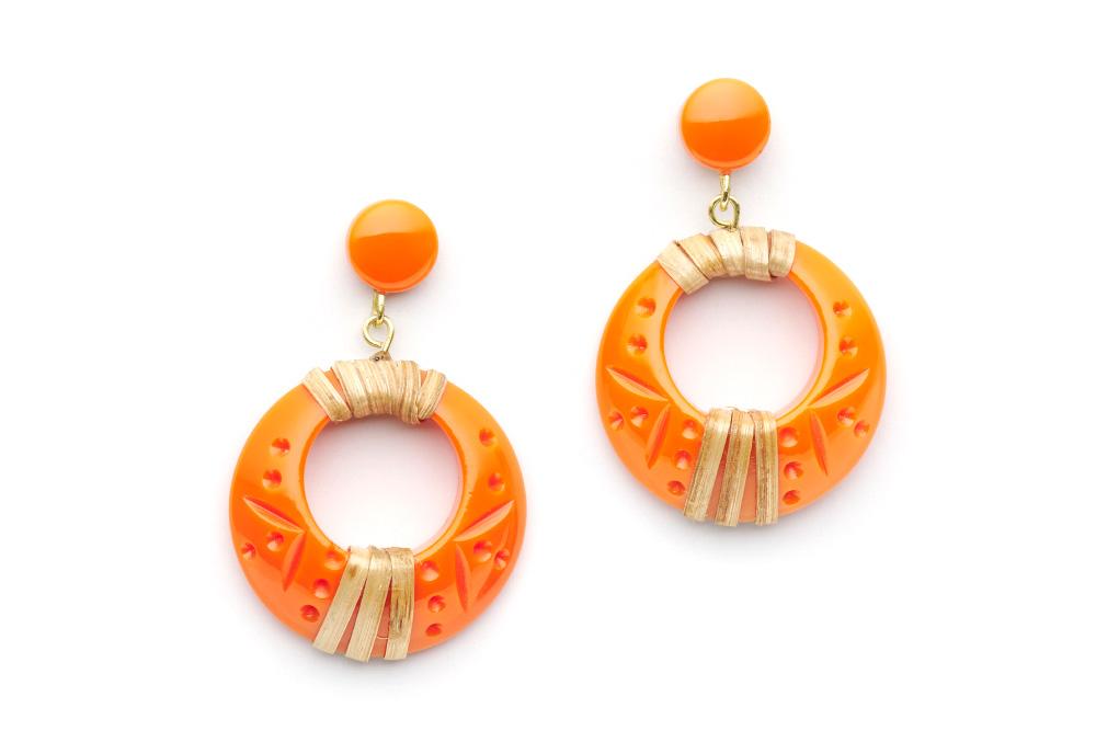 Splendette Tangerine Cane Light Cane Drop Hoop Earrings orange carved tiki earrings retro vintage pinup 50s jewellery Canadian Pin-Up Shop Suzie's Bombshell Boutique