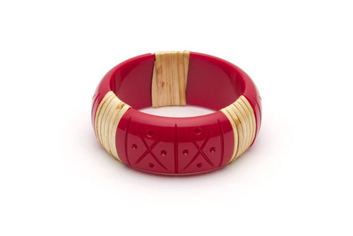 Splendette Rosella Cane Light Cane Bangle Wide red carved tiki bracelet retro vintage rockabilly pinup jewellery 50s style bangle Canadian Pin-UP Shop Suzie's Bombshell Boutique
