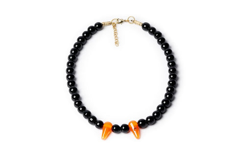 Splendette Harvest Moon Fangs Necklace black bead necklace with orange glow in the dark fangs spooky goth pinup jewellery Canadian Pin-Up Shop Suzie's Bombshell Boutique