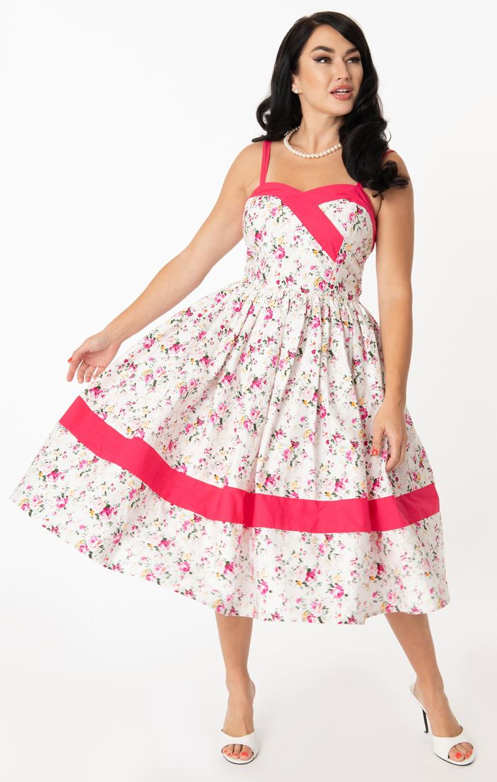 Unique Vintage Darienne Swing Dress White/Pink Floral – Suzie's