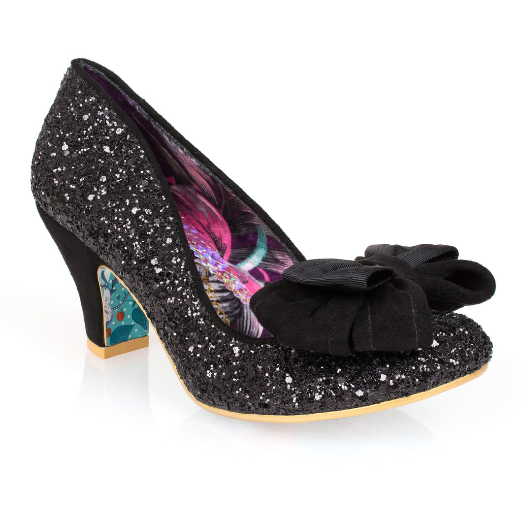 Irregular Choice Banjoe Banjo heels in Black sparkle glitter with black bow retro vintage quirky altfashion rockabilly pinup shoes for women Canadian Pinup Shop Suzie's Bombshell Boutique