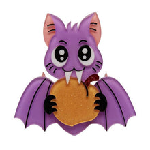Erstwilder Mimsy Fruit Bat Attack! Brooch purple cute bat eating peach halloween goth spooky pinup acrylic resin jewellery Canadian Pin-Up Shop Suzie's Bombshell Boutique