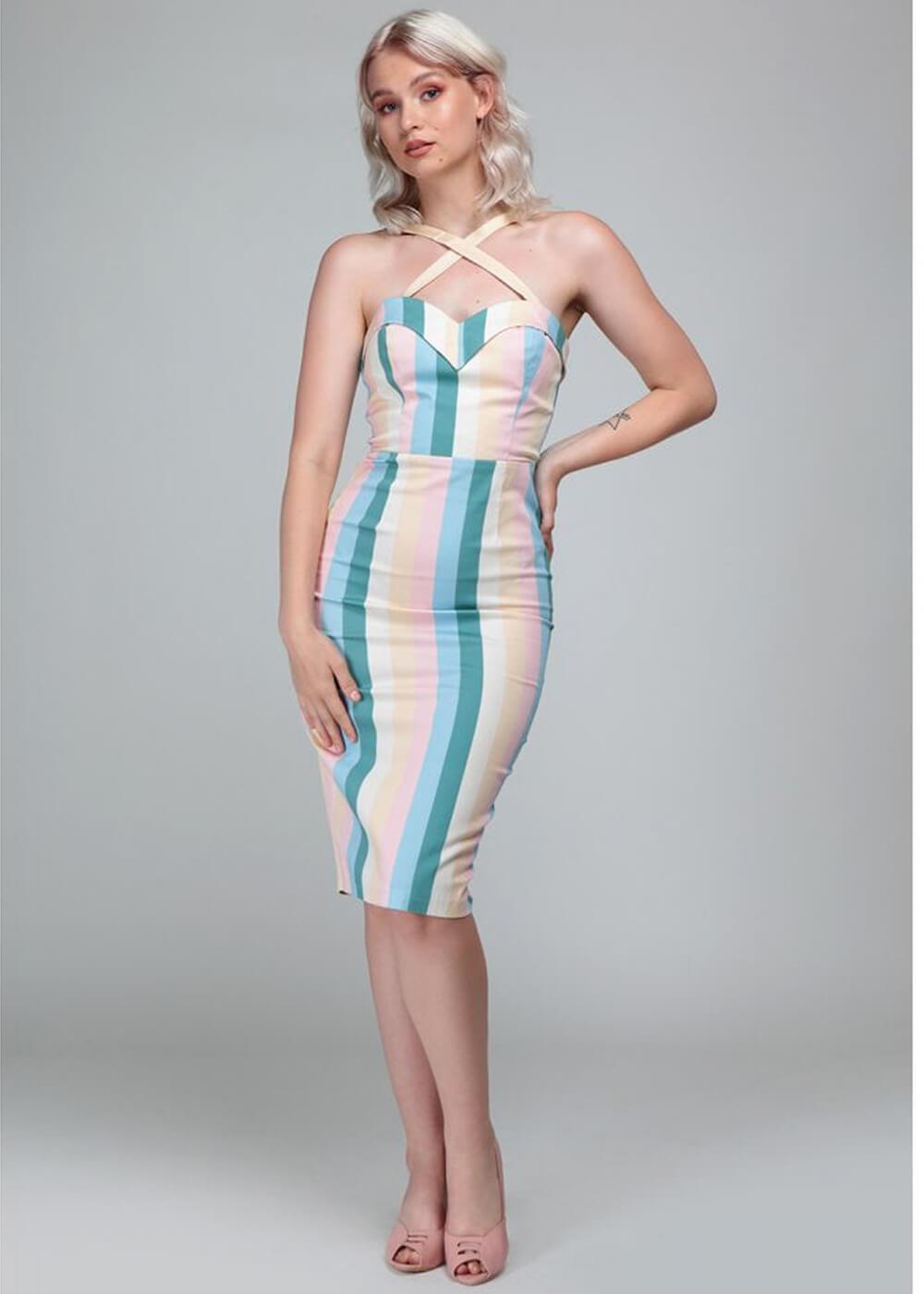 Collectif Mainline Tea Cup Stripe Kiana Pencil Dress Collectif Canada pastel striped wiggle dress with removable straps retro vintage pinup 40s 50s clothing fashion ladies summer dress Canadian Pin-Up Shop Suzie's Bombshell Boutique Port Dover