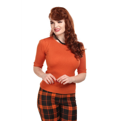 Collectif Chrissie Plain Knitted Top Orange three quarter length sleeves stretch knit sweater jumper 50s top pinup retro vintage fashion Canadian Pin-Up shop Suzie's Bombshell Boutique