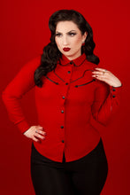 Katakomb Cline Shirt in Red with black trim and black snaps western southern gothic pinup rockabilly cowgirl Canadian Pin-Up Shop Suzie's Bombshell Boutique