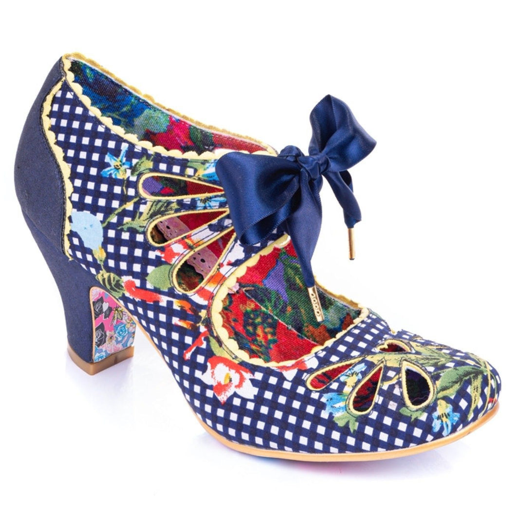 Irregular Choice Sugar Plum Shoes Blue Irregular Choice Canada blue low heel gingham and floral vintage style shoes for women with blue satin tie ribbon and cutout design sparkly blue giltter heels retro vintage 40s 50s pinup shoes Canadian Pin-up Shop Suzie's Bombshell Boutique Port Dover