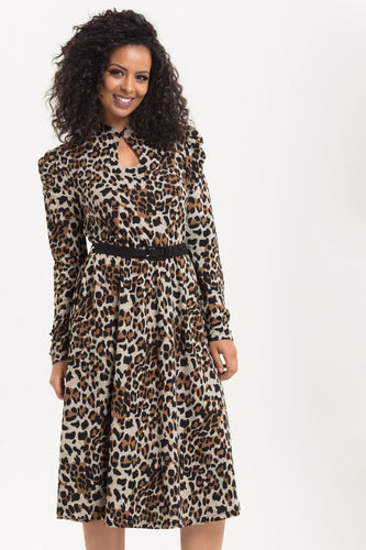 Voodoo Vixen Dita Leopard Print Dress soft knit animal print mid-length dress retro vintage pinup pin-up 40s style dress Canadian Pinup Shop Suzie's Bombshell Boutique