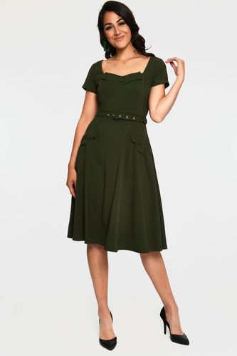 Voodoo Vixen Marine Green Fit n Flare Dress 1940s dress 40s flared dress in dark green Vixen for Suzie's Bombshell Boutique Marine green retro vintage pin-up pin up swing dress