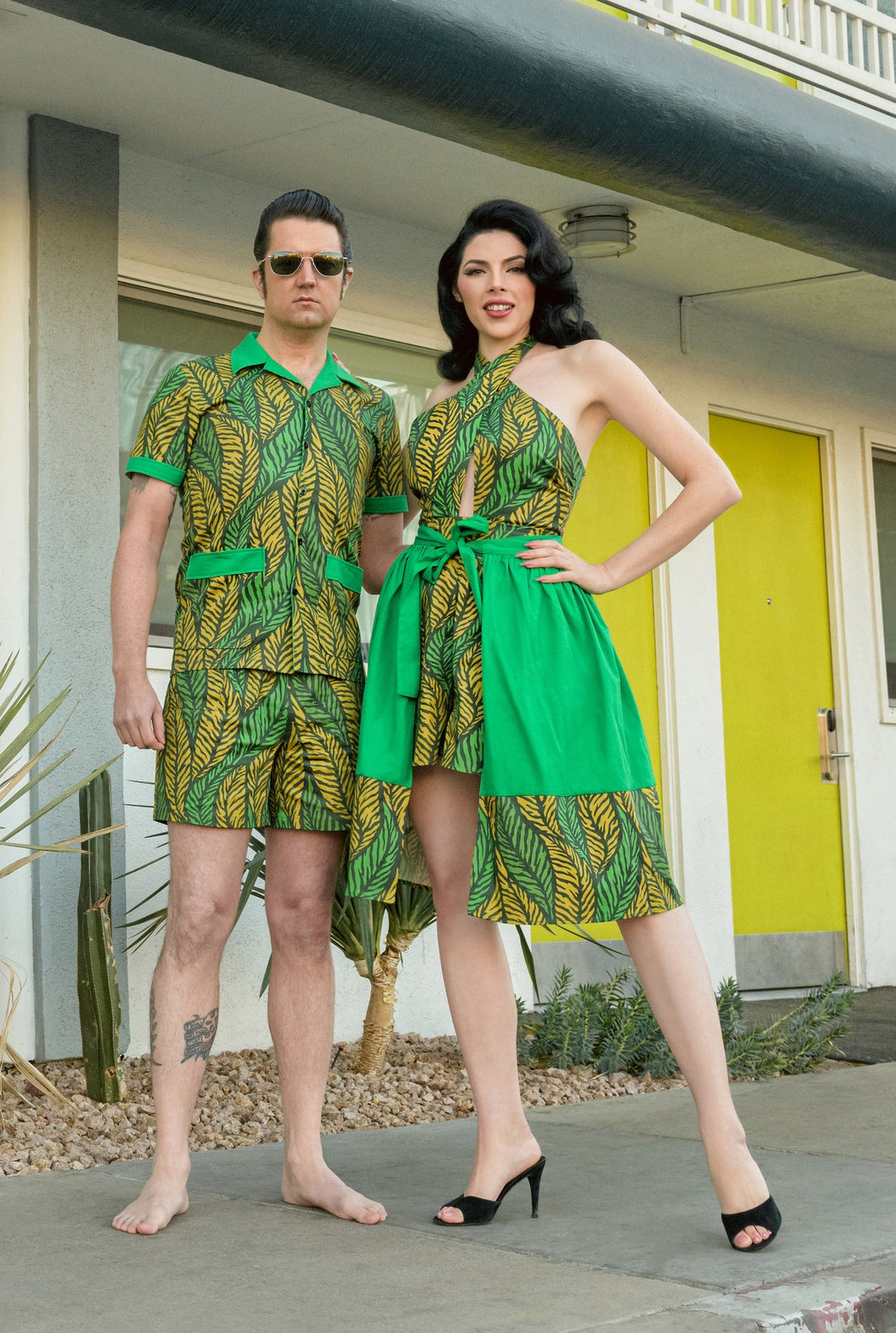 Boulevard Nights Catalina Full Skirt Tiger Leaf Green tiki skirt resortwear pool party tiki party outfit couples matching set green retro vintage pinup wrap skirt rockabilly Canadian Pinup Shop Suzie's Bombshell Boutique