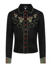 Collectif Gemma Western Cactus Shirt Collectif Canada ladies button up shirt in black with green trim and cactus design with red snaps westernwear cowgirl country and western top retro vintage pinup rockabilly blouse Canadian Pin-Up Shop Suzie's Bombshell Boutique