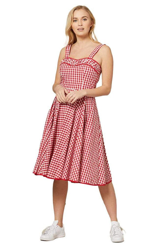 Timeless London Angie Dress in red and white gingham picnic print retro vintage 50s pinup swing dress sundress Suzie's bombshell Boutique