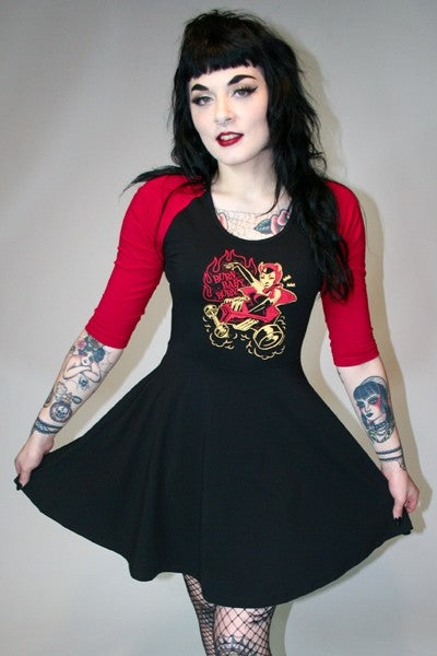 Sourpuss Burn Baby Burn Raglan Mini-Dress tee shirt dress with goth rockabilly car pinup girl picture three quarter length sleeves in red and black goth pinup altfashion Canadian Pin-Up Shop Suzie's Bombshell Boutique