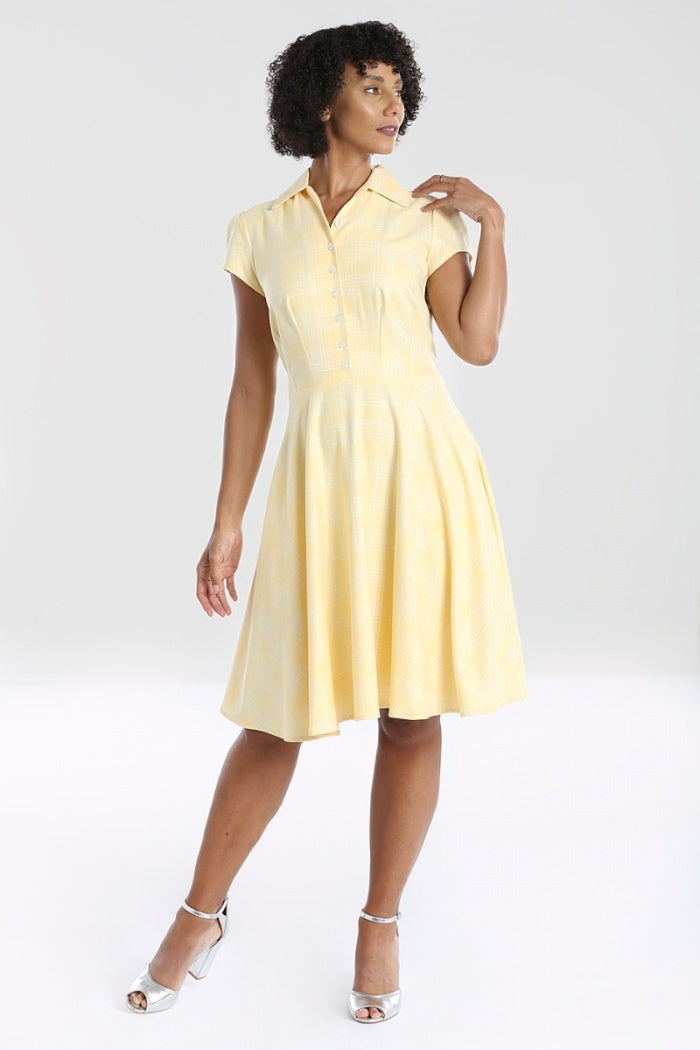 Hell Bunny Joy Dress in yellow retro vintage pinup 40s 50s shirtdress housedress in lemon Canadian Pin-Up Shop Suzie's Bombshell Boutique
