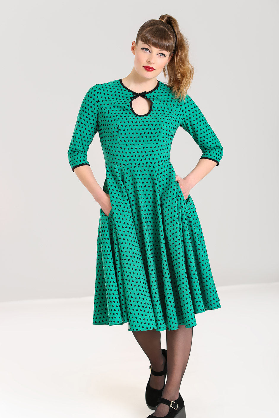 Hell Bunny Paradisum 50's Dress green retro vintage swing dress with black hearts and three quarter length sleeves pinup rockabilly Suzie's Bombshell Boutique