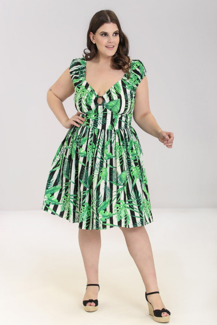 Hell Bunny Solana Mid Dress 40s 50s retro vintage tiki pinup swing dress with green leaves and black and white stripes Suzie's Bombshell Boutique