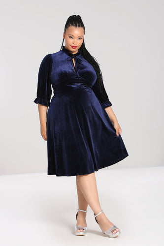 Hell Bunny Orion Dress blue velvet retro vintage 40s 50s dress pinup Suzie's Bombshell Boutique