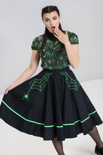 Hell Bunny Miss Muffet 50's Skirt Black & Green black swing skirt with green spider and spiderweb cobweb pockets retro vintage alt fashion rockabilly pinup clothing Suzie's Bombshell Boutique