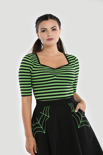Hell Bunny Warlock Top in black and green stripes halloween goth rockabilly pinup shirt Suzie's Bombshell Boutique