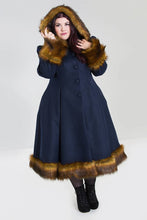 Hell Bunny Robin Coat Blue Hell Bunny Canada full length blue ladies coat with tan faux fur hood and trim fancy ladies coat retro vintage pinup 40s 50s dress coat winter coat Canadian Pin-Up Shop Suzie's Bombshell Boutique Port Dover