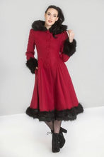 Hell Bunny Elvira Coat Burgundy Hell Bunny Canada red wine full length winter coat with hood and black faux fur trim retro vintage pinup dress coat 40s 50s fashion Canadian Pin-Up Shop Suzie's Bombshell Boutique Port Dover