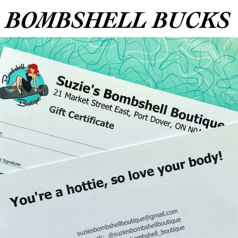pinup shop gift cards gift certificates for use in store or online with code that is delivered to you via email Canadian Pin-Up Shop Suzie's Bombshell Boutique Port Dover