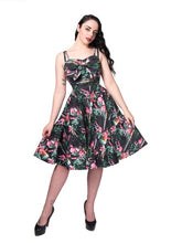 Rebel Love Clothing All Tied Up Flamingo Dress Rebel Love Canada black swing dress with pink flamingoes spaghetti straps retro vintage 40s 50s rockabilly pinup tiki flared dress Canadian Pin-Up Shop Suzie's Bombshell Boutique Port Dover
