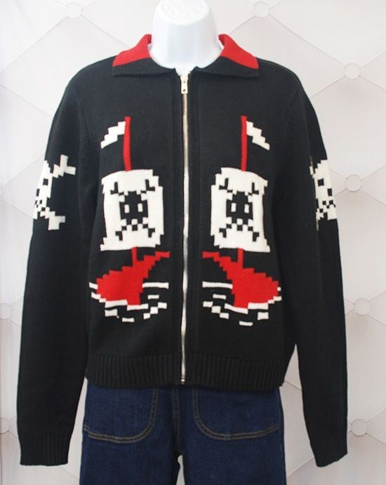 Star Struck Clothing AHOY Pirate Sweater Astro Bettie Cowichan zip up cardigan sweater jumper retro vintage pinup rockabilly greaser style black with pirate boats and skulls Canadian Pin-Up Shop Suzie's Bombshell Boutique