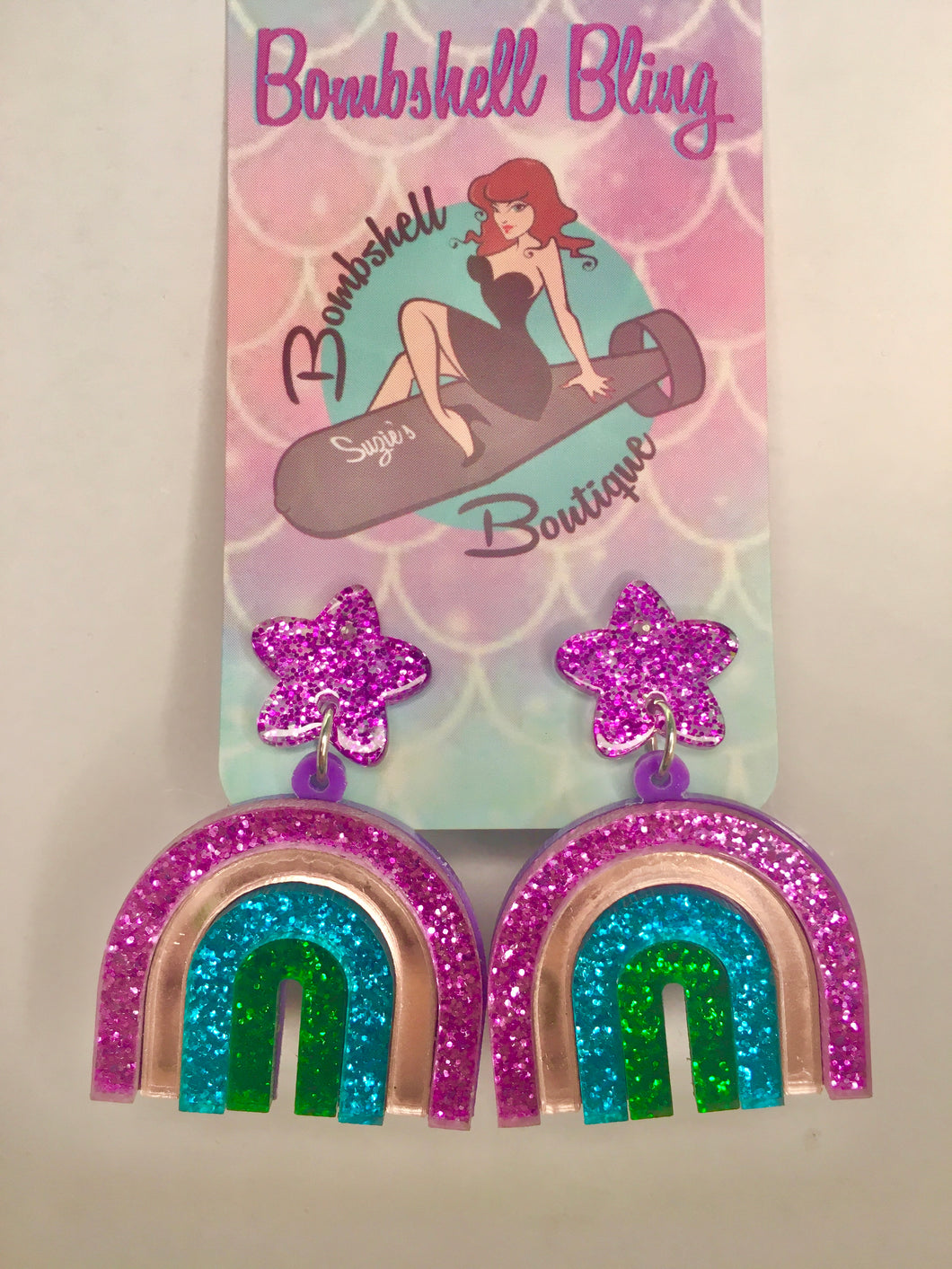 Sparkle Rainbow Earrings glitter retro alt fashion acrylic earrings Suzie's Bombshell Boutique