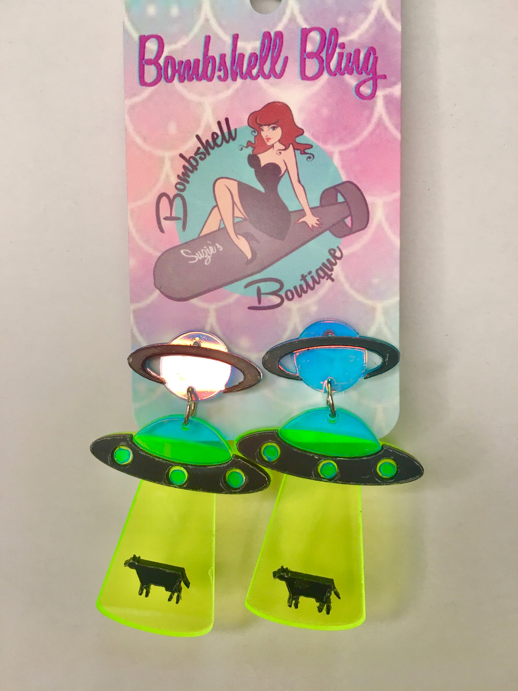 Beam Me Up Bessie UFO Earrings alien cow spaceship acrylic jewellery pinup pin-up Suzie's Bombshell Boutique