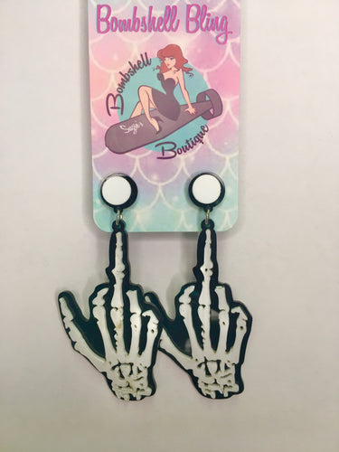 Bombshell Bling FU Earrings acrylic earrings in shape of skeleton hand giving middle finger fuck off earrings goth altfashion pinup resin costume jewellery Canadian Pin-Up Shop Suzie's Bombshell Boutique