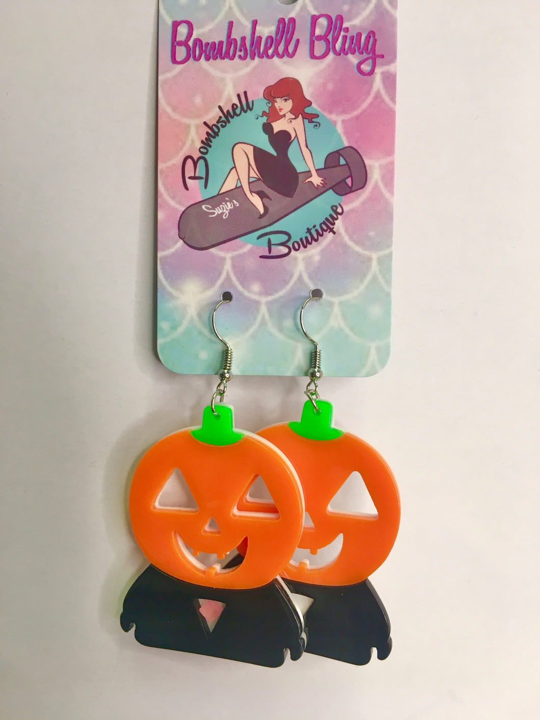 Jack-o-Lantern Drop Earrings halloween goth pumpkin pinup pin-up jewellery Suzie's Bombshell Boutique acrylic earrings