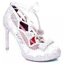 Irregular Choice Velvet Rope Shoes White Irregular Choice Canada white glitter wedding shoes quirky bride bridal footwear with silver glitter and sparkly bow on toe and lace up ankle design high heels retro vintage pinup shoes Canadian Pin-Up Shop Suzie's Bombshell Boutique Port Dover
