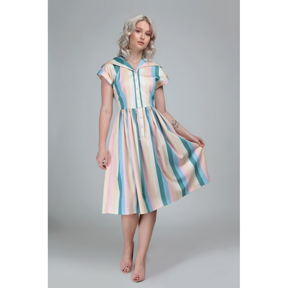 Collectif Judy Teacup Striped Swing Dress Collectif Canada retro vintage housedress in pastel strips 40s 50s pinup shirtdress Canadian PIn-Up Shop Suzie's Bombshell Boutique