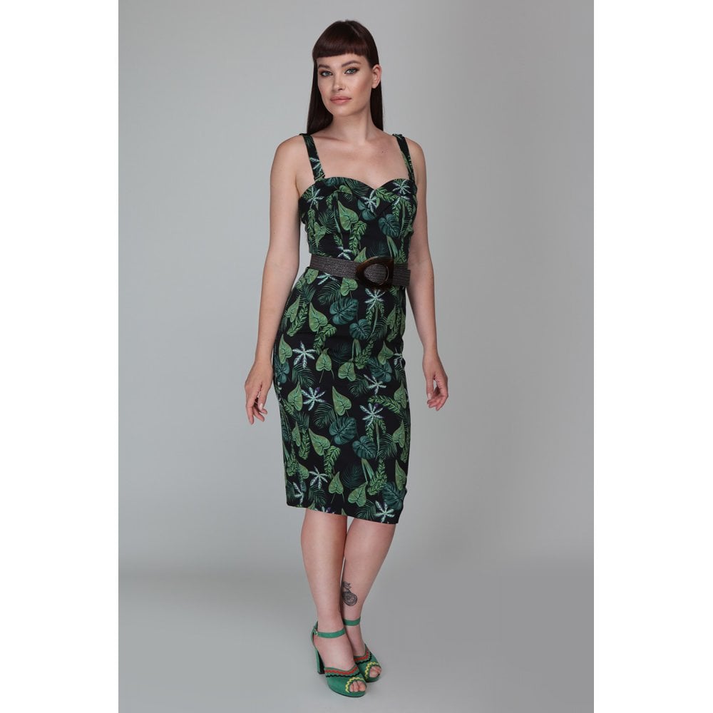 Collectif Mainline Kiana Black Forest Pencil Dress Collectif Canada black and green tiki dress with removable straps wiggle pinup dress retro vintage rockabilly 40s 50s pinup clothing Canadian Pin-Up Shop Suzie's Bombshell Boutique Port Dover