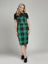 Collectif Mac Foliage Check Pencil Dress Black and Green tartan plaid wiggle dress with sheer mesh at chest and peter pan collar with velvet bow retro vintage 40s 50s pinup dress Canadian Pin-Up Shop Suzie's Bombshell Boutique