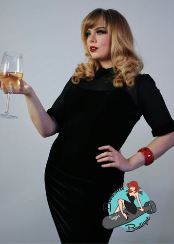 Collectif Wednesday Velvet Pencil Dress black stretch velvet cocktail evening dress knee length sheer with collar retro vintage 40s 50s pinup dress Canadian Pin-Up Shop Suzie's Bombshell Boutique